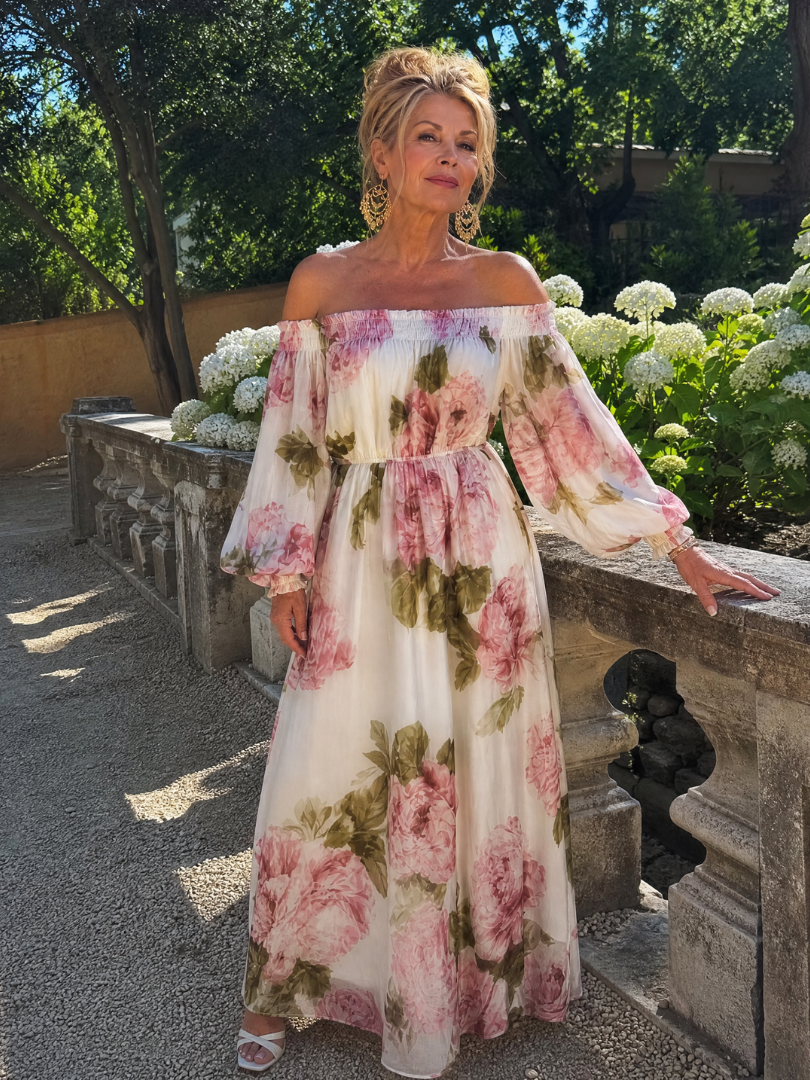 Euram | Off-Shoulder Maxi-Kleid mit Blumendruck & langen Ballonärmel