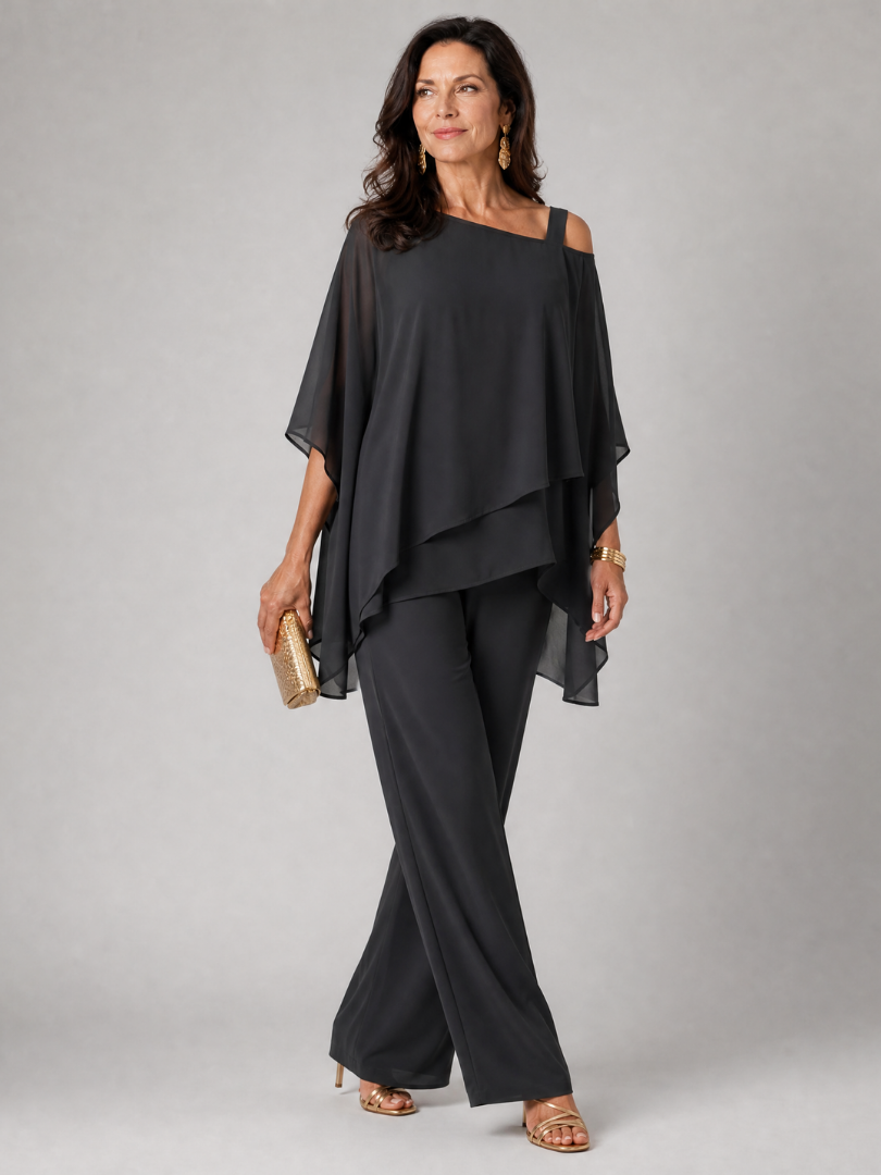 Aurelisse | Zweiteiliges Hosen-Set mit asymmetrischem Überlayer & weitem Ausschnitt