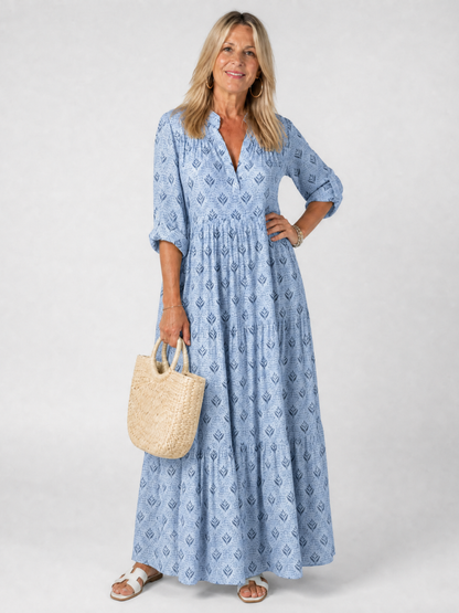 Zirelle | Maxi-Kleid mit Print, Kragen, Knopfleiste & aufgekrempelten Ärmeln