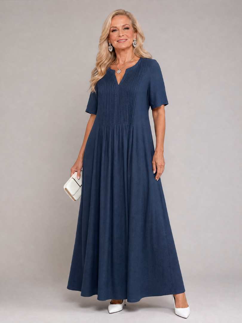 Vuma | Midi-Kleid mit V-Ausschnitt, Kurzarm & Plissee-Detail