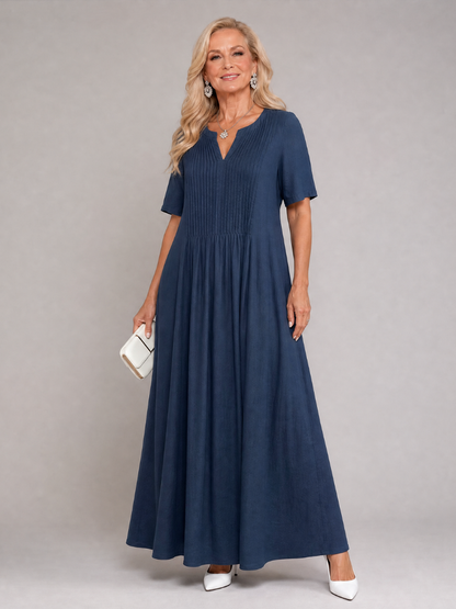 Vuma | Midi-Kleid mit V-Ausschnitt, Kurzarm & Plissee-Detail