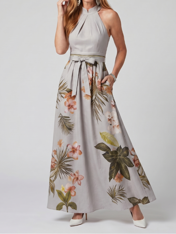 Prairie - Maxikleid mit botanischen Paneelen und drapiertem Halterneck