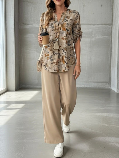 Ilaria | Fließendes Blumen-Set | Bluse & Weithose in Beige