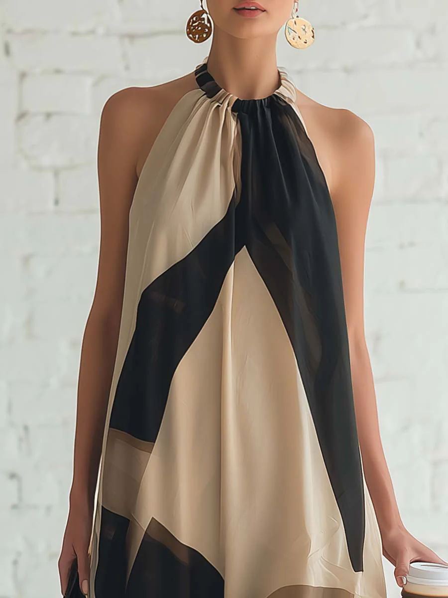 Halter-Maxi-Kleid mit Colorblocking in Khaki