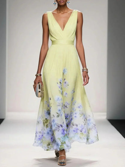 Rose | Hellblaues Floral Chiffon V-Ausschnitt Maxikleid