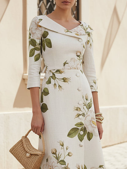 Celeste | Vintage Blumen-Midi-Kleid aus Leinen mit Schalkragen & Knöpfen