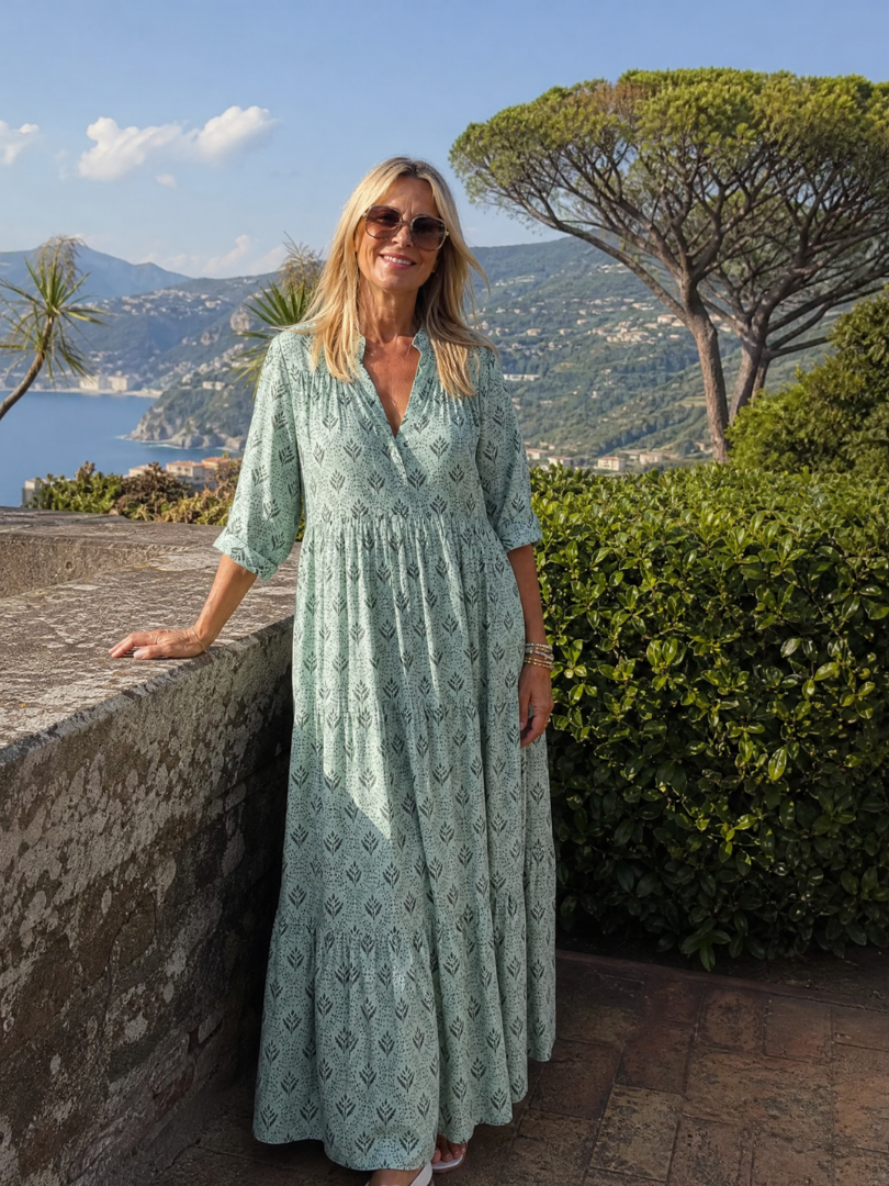 Zirelle | Maxi-Kleid mit Print, Kragen, Knopfleiste & aufgekrempelten Ärmeln