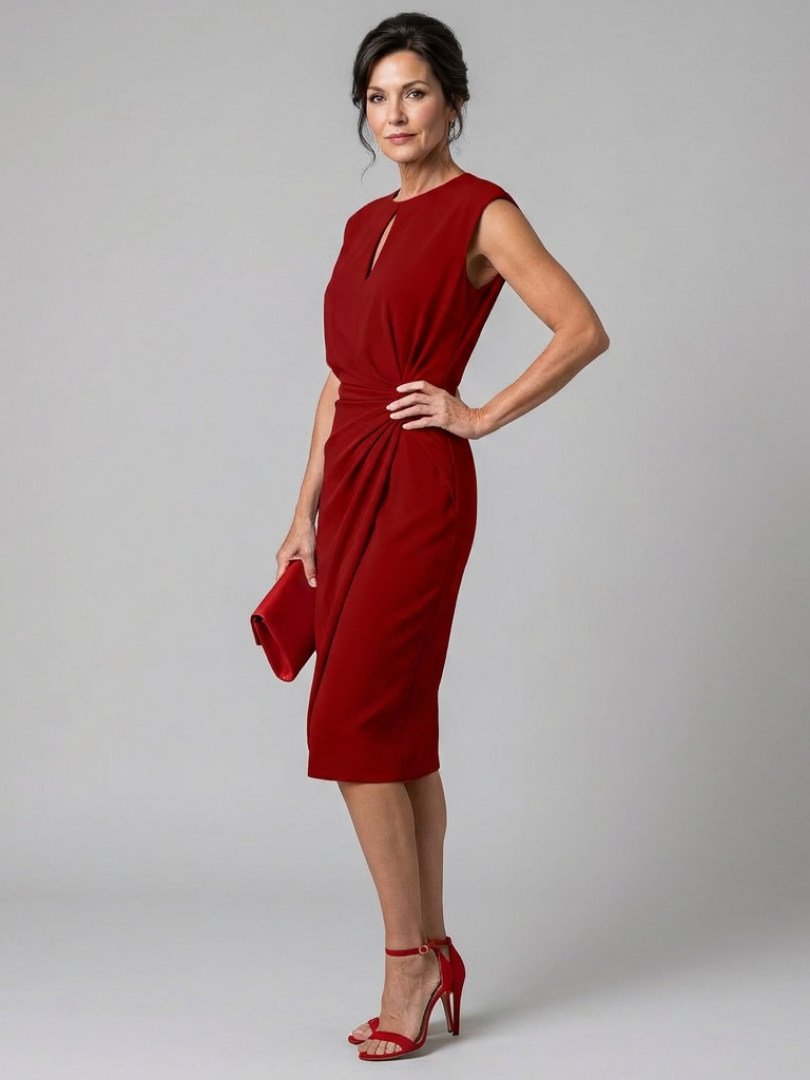 Jamil | Midi-Kleid mit Keyhole-Ausschnitt, Kappensärmeln & Taillendrapierung