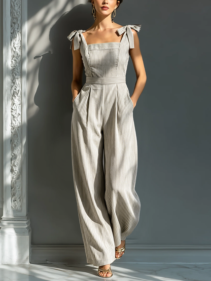 Damen Jumpsuit Beige & Weiß | Gestreifter Leinenmix mit Bindeträgern
