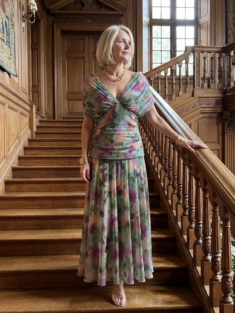 Calen | Off-Shoulder Midi-Kleid mit Drapierung & fließendem Rock
