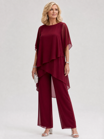 Nimon | Zweiteiliges Chiffon-Set mit gelagerten Drapier-Ärmeln & Weithose