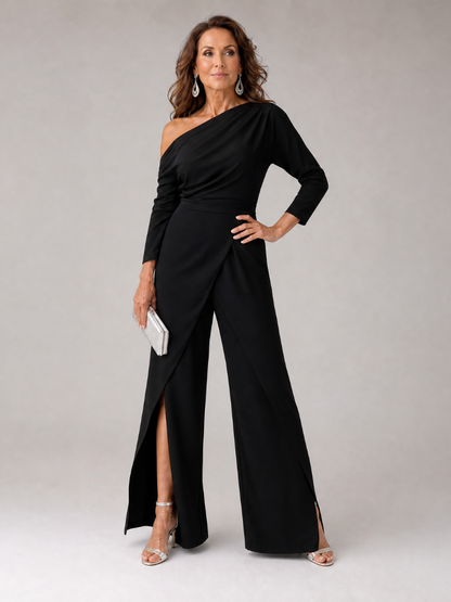 Emily | One-Shoulder Jumpsuit mit Weithose & Drapierung | 3/4-Ärmel