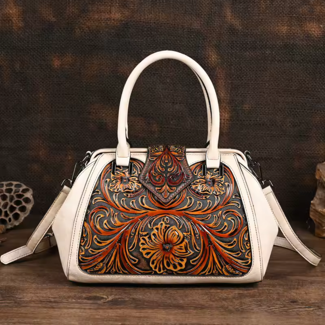 Florina - Gegravierte Lederhandtasche mit Blumenmuster