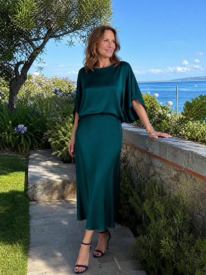 Quenara | Midi-Kleid mit Draped Overlay & Bootsausschnitt