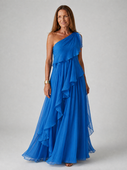 Evadora | One-Shoulder Maxi-Kleid mit Rüschen & fließendem Rock