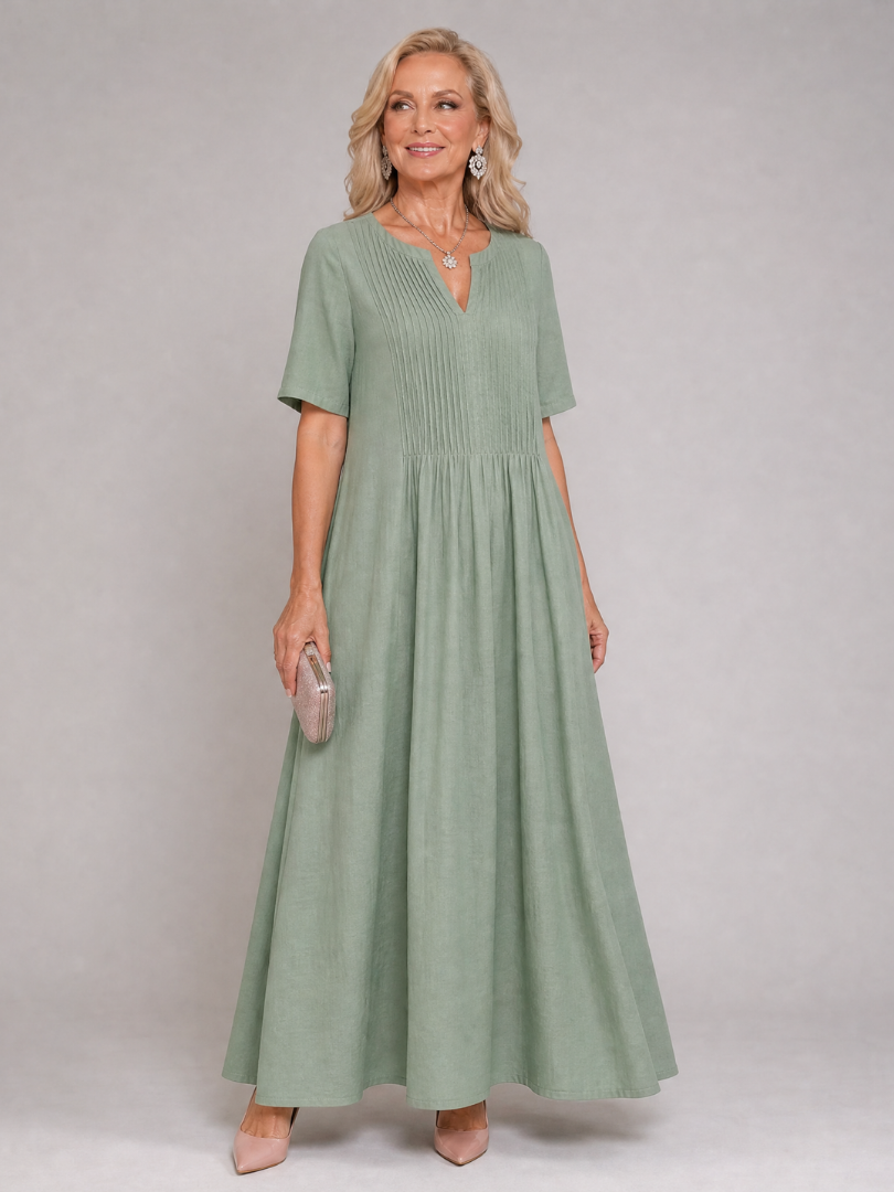 Vuma | Midi-Kleid mit V-Ausschnitt, Kurzarm & Plissee-Detail