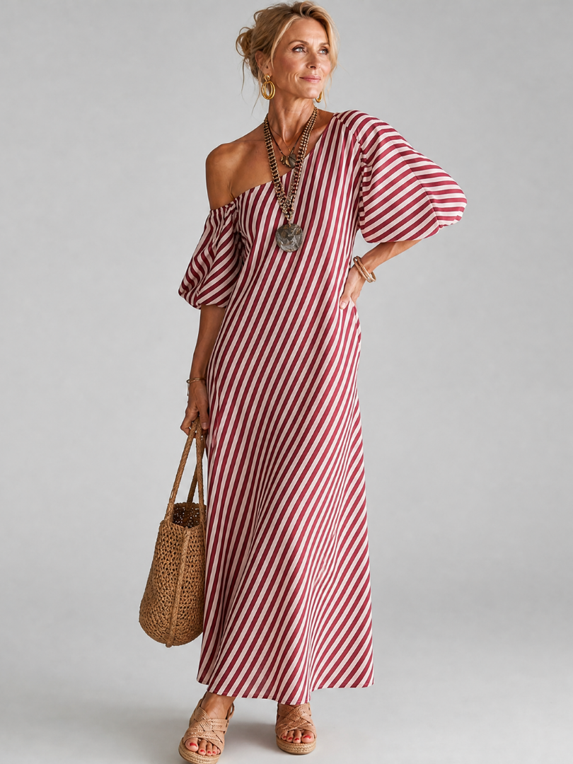 Ilyndra | Midi-Kleid mit Streifenmuster, Empire-Taille & Kurzarm