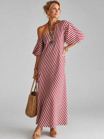 Ilyndra | Midi-Kleid mit Streifenmuster, Empire-Taille & Kurzarm