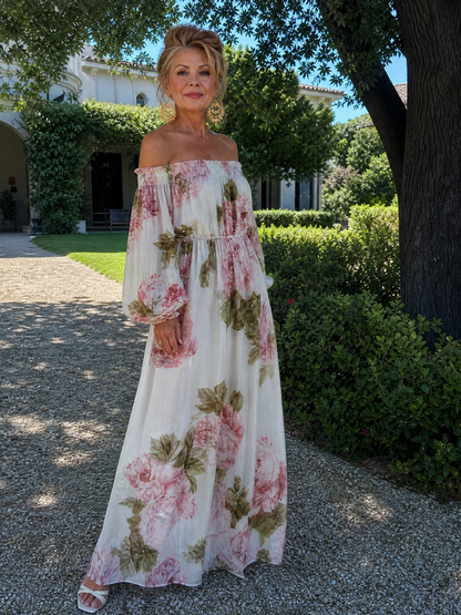 Euram | Off-Shoulder Maxi-Kleid mit Blumendruck & langen Ballonärmel