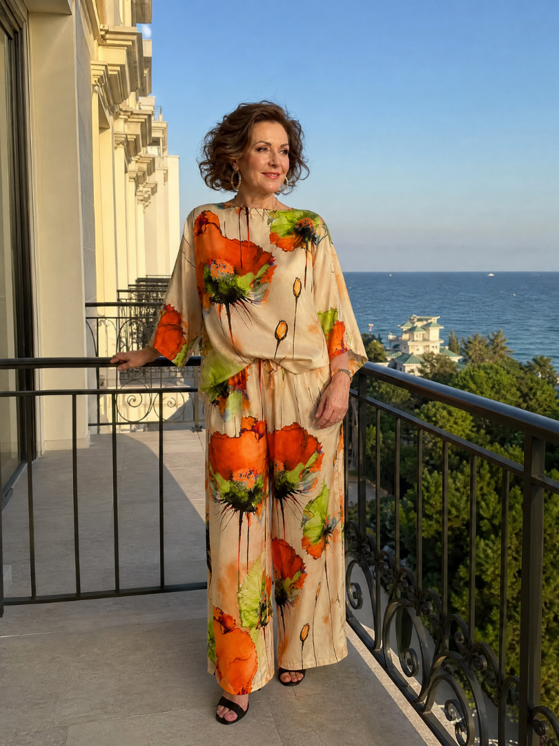 Zorielle | Zweiteiliges Blumenprint-Set mit drapierten Ärmeln & weitem Beinkleid