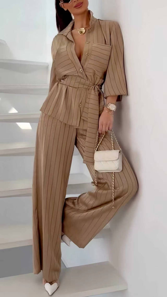 Gestreiftes Hemd & Weithose Co-Ord Set – Braun
