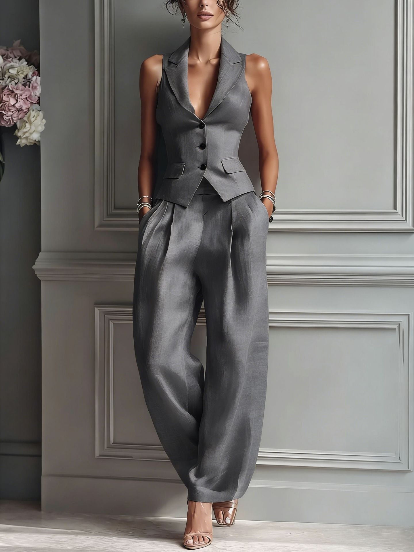 Elegantes Zweiteiler-Set | Tailliertes Weste & Weite Hose | Power Suit