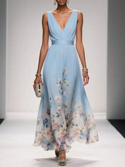 Rose | Hellblaues Floral Chiffon V-Ausschnitt Maxikleid