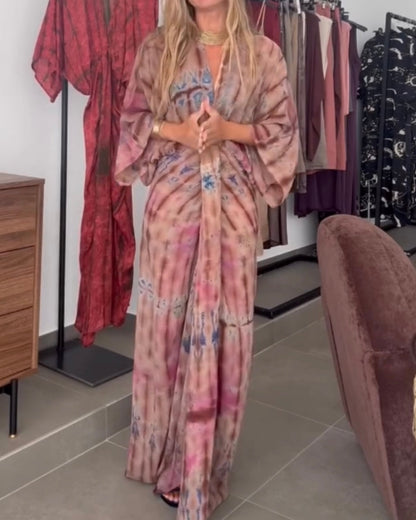 Retro print V-neck fitted waist belted long dress