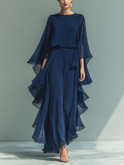 Clara | Marineblaues Chiffon Set Rüschen Hose