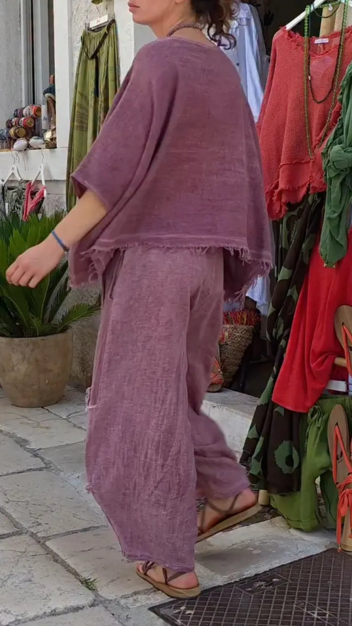 Mauve Geraffeltes Leinen Zweiteiliges Set