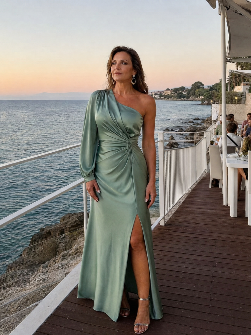 Roniol | One-Shoulder Maxi-Kleid mit Drapierung, asymmetrischem Ärmel & Beinschlitz