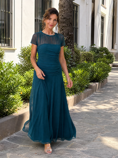Aurethia | Maxi-Kleid mit transparentem Mesh-Joch, Raffung & Cap-Ärmeln
