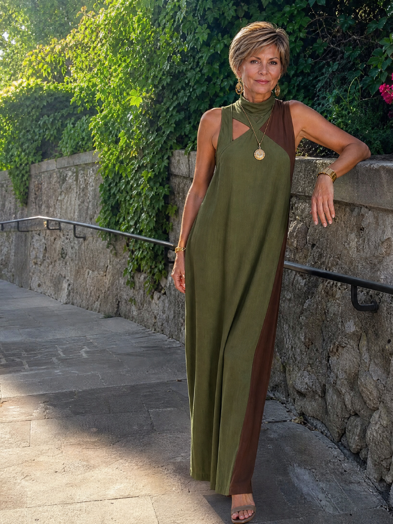 Zorynthia | Ärmelloses Midi-Kleid im Colorblock-Design mit hohem Ausschnitt & Cutout