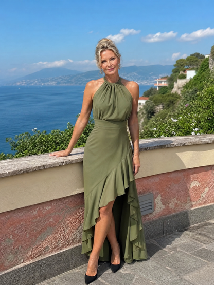 Vikal | Halter-Neck-Kleid mit High-Low-Saum & gestuften Rüschen