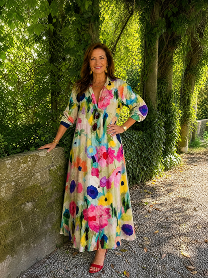 Valeska | Midi-Kleid mit abstraktem Druck, Kragen-V-Ausschnitt & Dreiviertelaärmeln