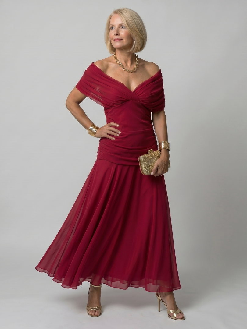 Calen | Off-Shoulder Midi-Kleid mit Drapierung & fließendem Rock