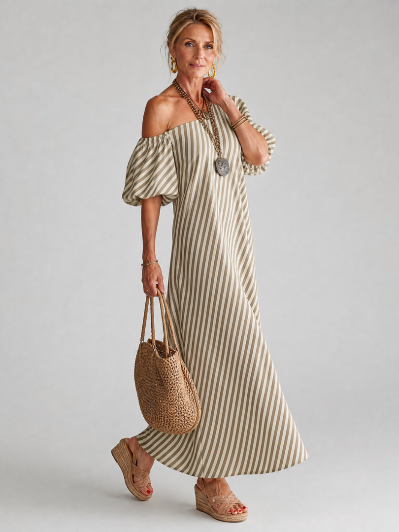 Ilyndra | Midi-Kleid mit Streifenmuster, Empire-Taille & Kurzarm