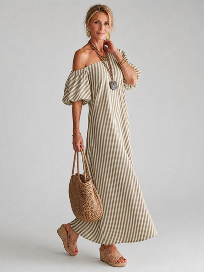 Ilyndra | Midi-Kleid mit Streifenmuster, Empire-Taille & Kurzarm