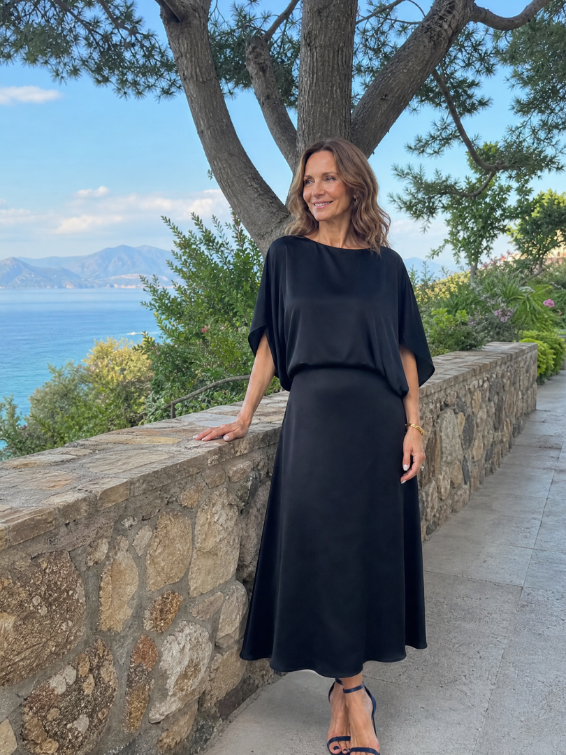 Quenara | Midi-Kleid mit Draped Overlay & Bootsausschnitt