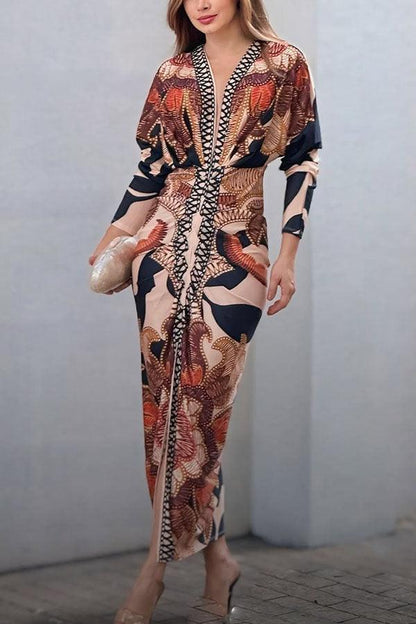 Eva | Sun Escape Einzigartiges Print Dolman Midi Kleid