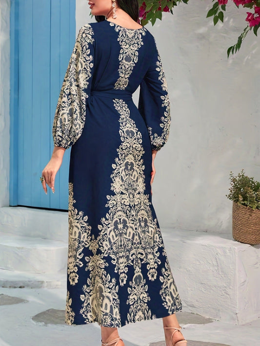 Langes Swing-Kleid mit V-Ausschnitt und Print