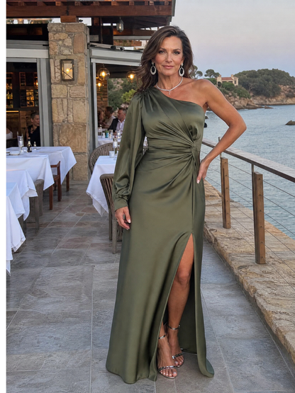 Roniol | One-Shoulder Maxi-Kleid mit Drapierung, asymmetrischem Ärmel & Beinschlitz