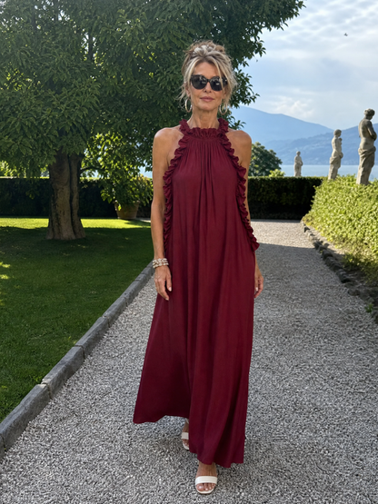 Euman | Ärmelloses Maxi-Kleid mit Rüschenkragen & Seitentaschen