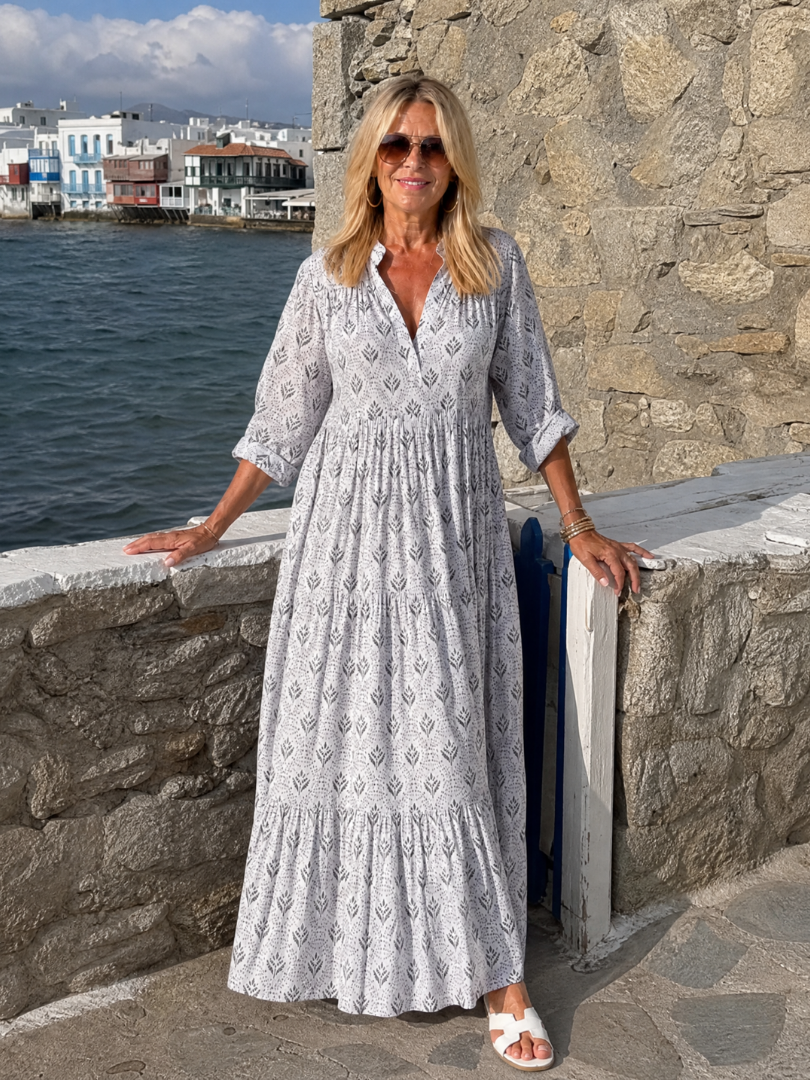 Zirelle | Maxi-Kleid mit Print, Kragen, Knopfleiste & aufgekrempelten Ärmeln