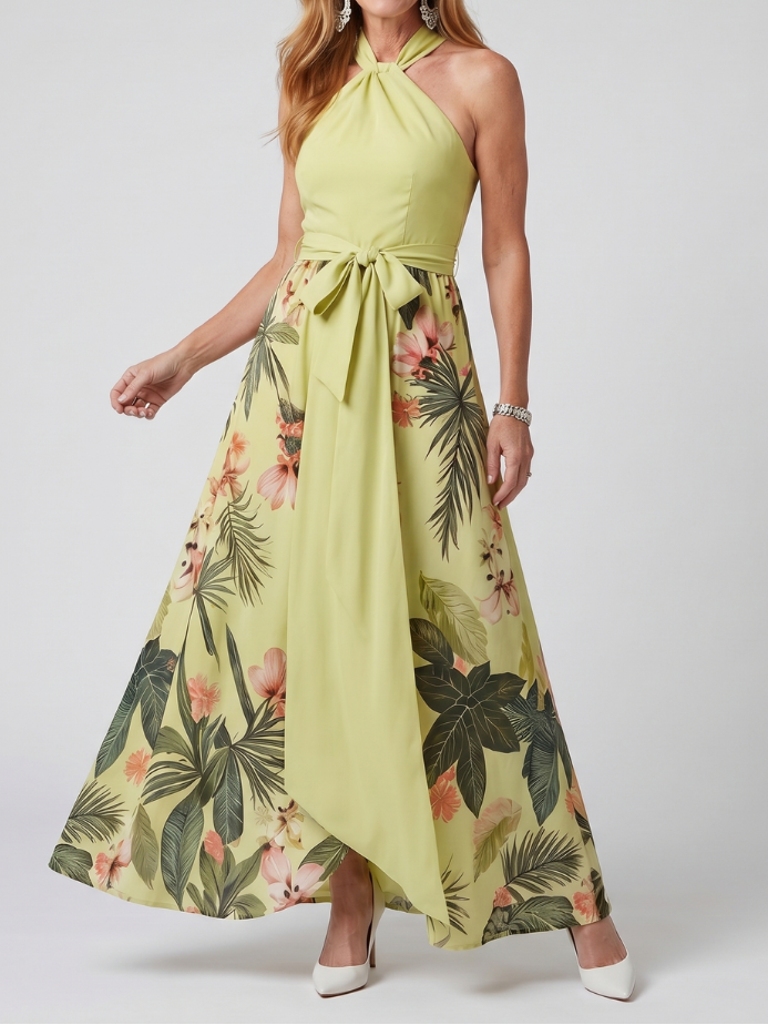 Prairie - Maxikleid mit botanischen Paneelen und drapiertem Halterneck