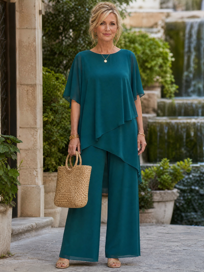 Nimon | Zweiteiliges Chiffon-Set mit gelagerten Drapier-Ärmeln & Weithose