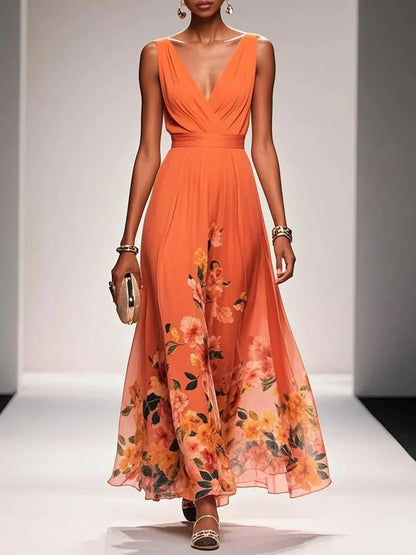 Rose | Hellblaues Floral Chiffon V-Ausschnitt Maxikleid