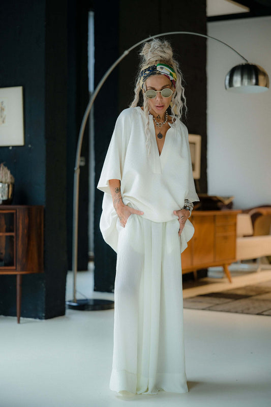 Ivory Textured Wide-Leg Hose