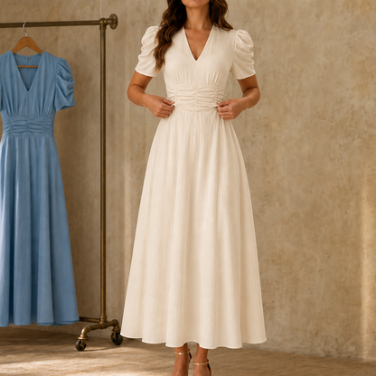 Wearbella – Midi-Kleid mit Geraffter Taille, Puffärmeln & V-Ausschnitt