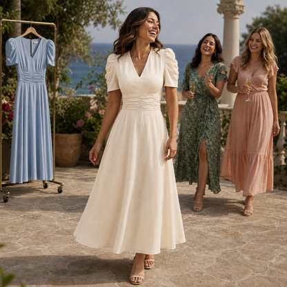Wearbella – Midi-Kleid mit Geraffter Taille, Puffärmeln & V-Ausschnitt